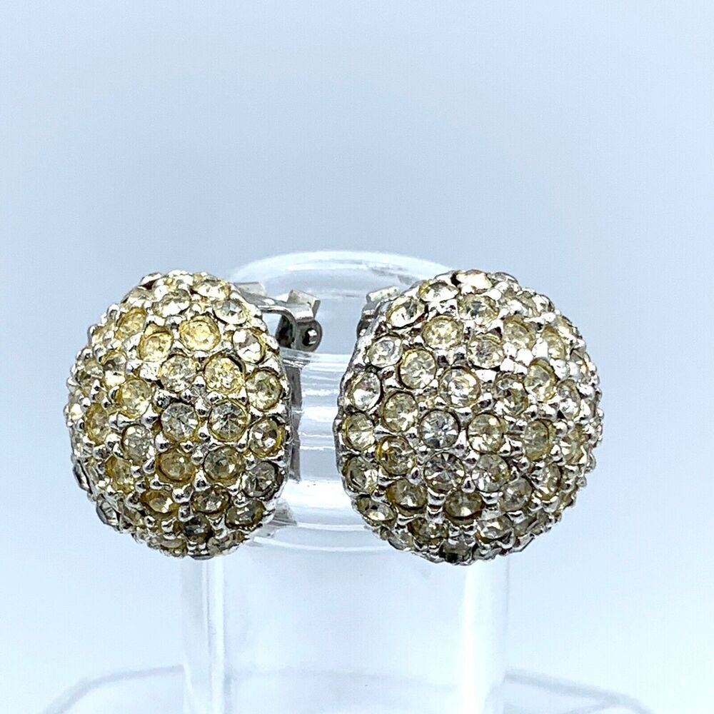 Vintage Marvella clear rhinestone round dome clip earrings